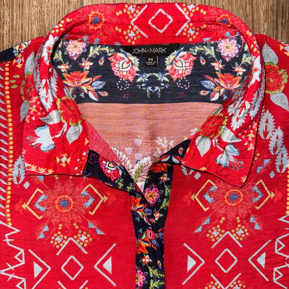 John Mark Button Down Top Electic Red Mixed-Print… - image 3